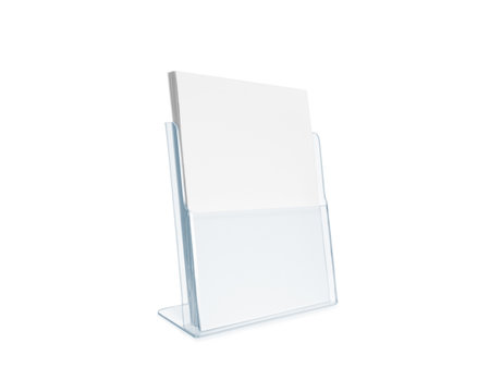 Blank Flyer Mockup Glass Plastic Transparent Holder Isolated. Plain Flier Stand. Clear Brochure Holding. Clean Sheet Mock Up Design Presentation. Shows Flyer. Pamphlet Design. Empty Paper Template.