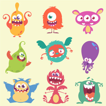 Cute cartoon monsters and alien character icons set. Halloween vector illustration