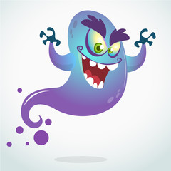Cartoon flying monster. Vector Halloween illustration of smiling purple ghost with hands up