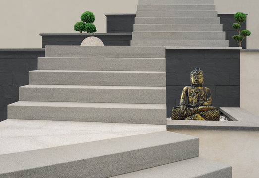 Moderner Vorgarten mit dreil&auml;ufiger Au&szlig;entreppe und Buddha - Front yard with external staircase and Buddha