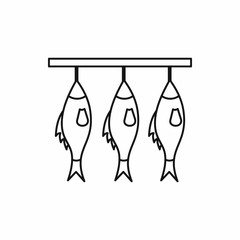 Three dried fish hanging on a rope icon in outline style isolated vector illustration