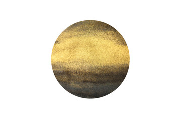 Golden gouache and watercolor circle hand drawn isolated on white background. Element, symbol of feng shui in flat design: metal.