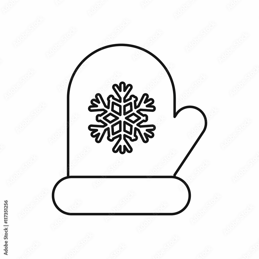 Poster mitten with white snowflake icon in outline style isolated vector illustration