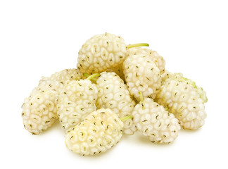 Isolated heap of fresh ripe white mulberry berries on white background. Design element for product label, catalog print, web use.
