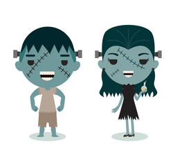 halloween characters, Mr. and Mrs. Frankenstein on white backgro