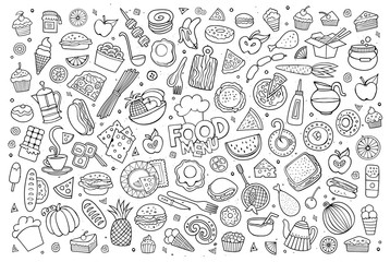 Foods doodles hand drawn sketchy vector symbols 