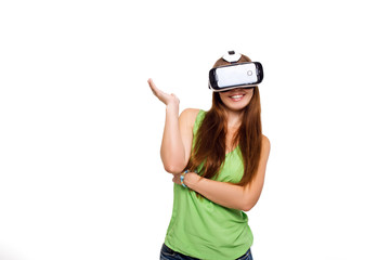 portrait of happy smiling young beautiful girl getting experience using VR-headset glasses of virtual reality isolated