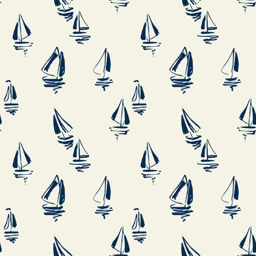 Hand Drawn Sailing Yachts Silhouettes Seamless Pattern