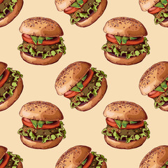 Seamless pattern with image of a Burger on beige background. Vector illustration.