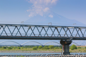 Train bridge and Mount Fuji background.
