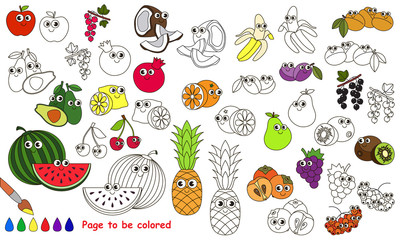 Funny big fruit set cartoon. Page to be colored.