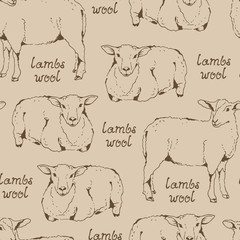 Lambswool beige pattern, seamless background with sheep