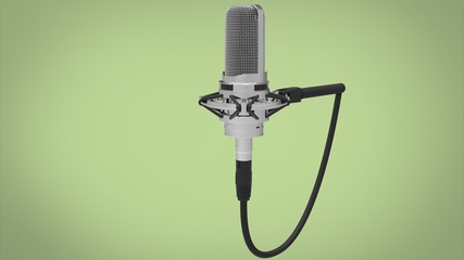 3d illustration of vintage old microphone. green background isolated. icon for game web. tool for singers.