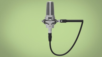 3d illustration of vintage old microphone. green background isolated. icon for game web. tool for singers.