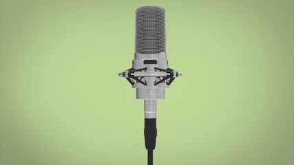 3d illustration of vintage old microphone. green background isolated. icon for game web. tool for singers.