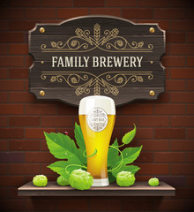 Signboard with brewery flourish logo and still life with beer glass and hop on a brick wall background - vector illustration
