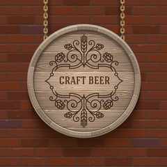 Wooden cask signboard with flourishes beer emblem - vector design illustration