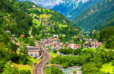 View of Gurtnellen, a village in Swiss Alps - obrazy, fototapety, plakaty