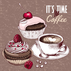Fototapety  Plakat z wizerunkiem filiżanki kawy, wiśniowych i truskawkowych ciastek czekoladowych w różowo-beżowej tonacji. Ilustracja wektorowa.