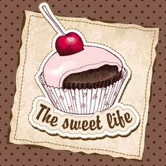 Emblem with a picture of cherry cupcake. Vector illustration.