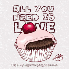 Vintage poster with image a cherry chocolate cakes in pink-gray tones. Vector illustration.