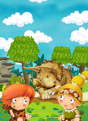 Obraz na płótnie Canvas Cartoon happy dinosaur - triceratops - happy pair of people - illustration for children