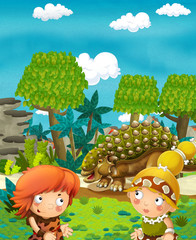 Cartoon happy dinosaur - happy pair of people - illustration for children