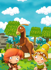 Obraz na płótnie Canvas Cartoon happy dinosaur - happy pair of people - illustration for children