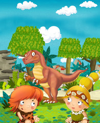 Obraz na płótnie Canvas Cartoon happy dinosaur - happy pair of people - illustration for children