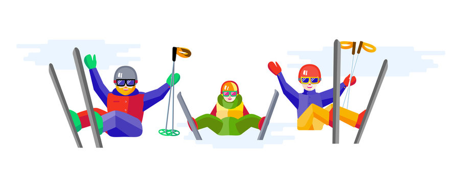 Portrait of family having fun in the snow. Flat vector Cheerful people resting on top of the mountain. Skiers family - mother, father, daughter or son relax during skiing.
