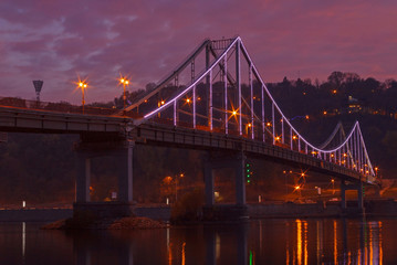 view on pedestrian bridge in Kiev at night