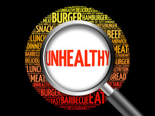 UNHEALTHY word cloud with magnifying glass, food concept 3D illustration