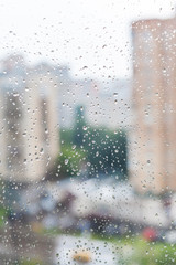 rain drops on window and blurred skyline