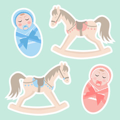 set of stickers with babies and rocking horses