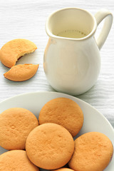 simple breakfast milk in a jug and biscuits on a plate