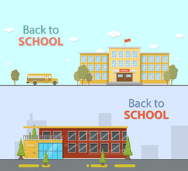 School buildings, bus. Flat style vector illustration.