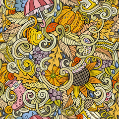 Cartoon cute doodles autumn seamless pattern
