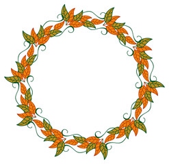Round frame with color decorative leaves. Vector clip art.