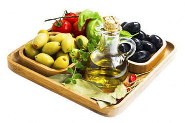Mediterranean ingredients with olive oil and olives, spices and