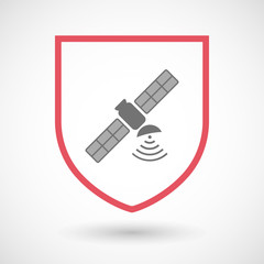 Isolated line art shield icon with a satellite