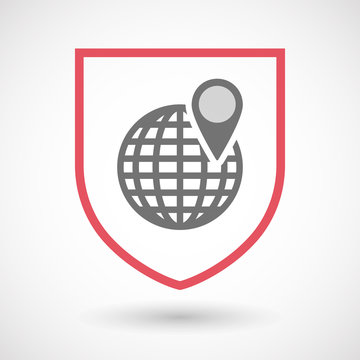 Isolated line art shield icon with a world globe