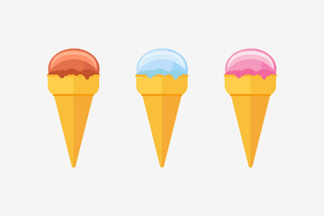 Set of various ice cream cones isolated on white background. Flat style vector illustration.