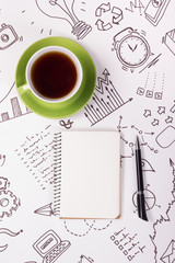 Office table desk with supplies, blank note pad, cup, pen on white formula background of business strategy. Top view copy space education backdrop.