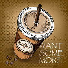 Poster with image of coffee in a plastic cup. Vector illustration.