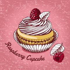 Seamless pattern with image a raspberry cakes in pink-beige tones. Vector illustration.