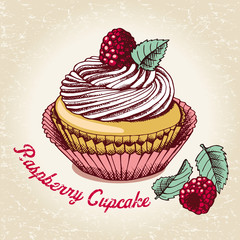 Retro poster with image a raspberry chocolate cakes in pink-beige tones. Vector illustration.