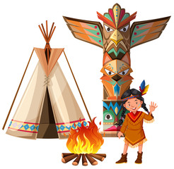 Indian girl and tepee by the campfire