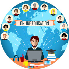 Tutor and his online education group on the globe background. Concept of distance education and e-learning.