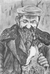 Portrait of an elderly man with a dog. Drawing on paper