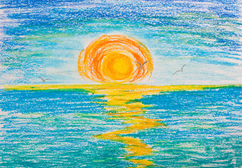Sunset on the sea with seagulls. Drawing with crayons - 117369000